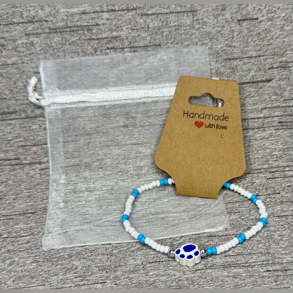 NWT - Handmade Blue Paw Print & White Beaded Elastic Stretch Bracelet - Aprox 7”